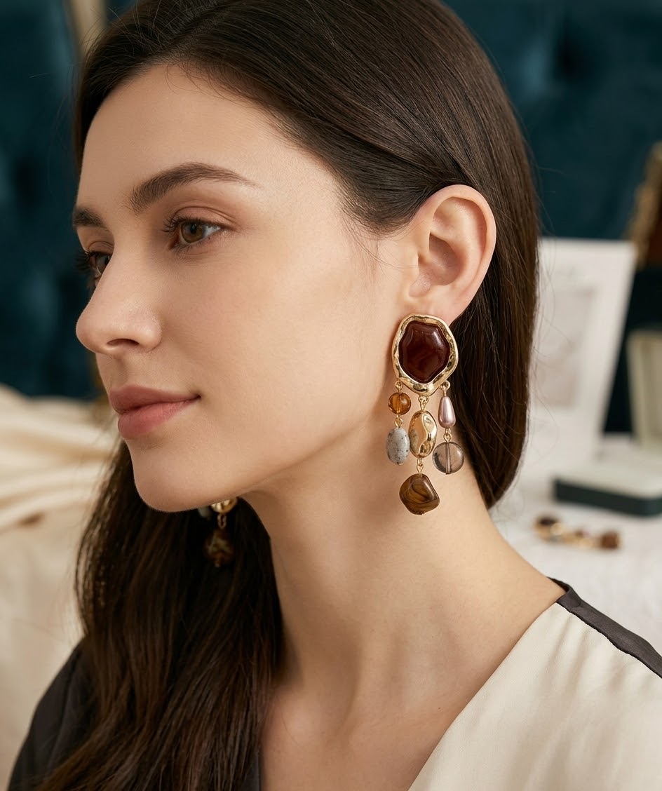 Brown Beaded Dangle Earrings