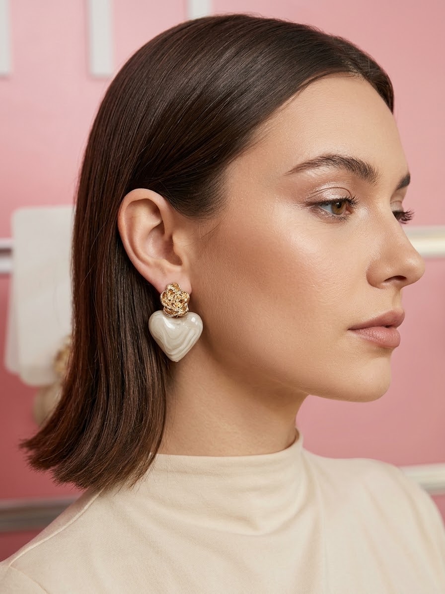 Heart Earrings With a Gold Flower