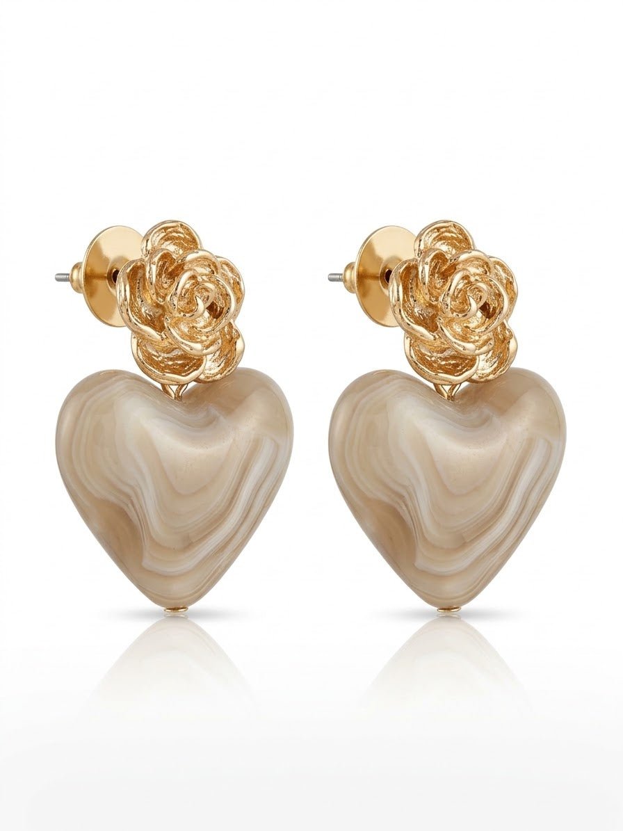 Heart Earrings With a Gold Flower